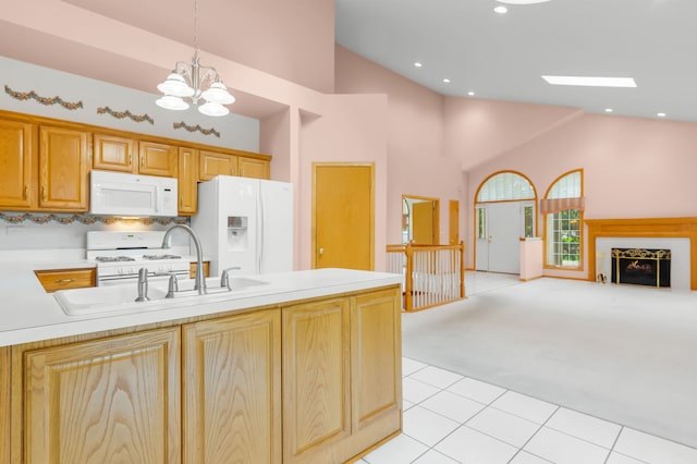 11104 Karen Dr, Orland Park, IL 60467 - kitchen featuring white appliances, high vaulted ceiling, a chandelier, open floor plan, and light carpet