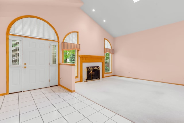 11104 Karen Dr, Orland Park, IL 60467 - entrance foyer with plenty of natural light, high vaulted ceiling, baseboards, a fireplace with flush hearth, and recessed lighting
