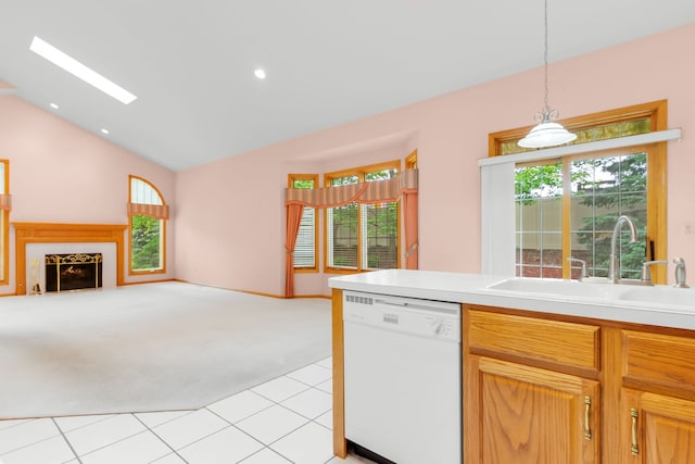 11104 Karen Dr, Orland Park, IL 60467 - kitchen featuring dishwasher, a sink, light carpet, open floor plan, and vaulted ceiling
