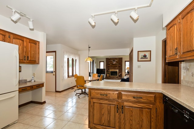 7618 W 157th St, Orland Park, IL 60462 - kitchen featuring freestanding refrigerator, dishwasher, a peninsula, light tile patterned flooring, and track lighting