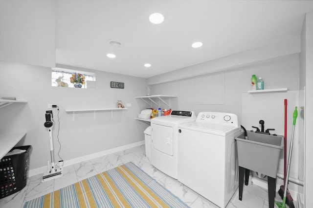 14848 Keystone Ave, Midlothian, IL 60445 - washroom with separate washer and dryer, light marble finish flooring, recessed lighting, and baseboards