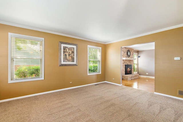 325 Indian Ridge Trl, Wauconda, IL 60084 - spare room featuring crown molding, light colored carpet, baseboards, and a fireplace