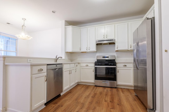 261 Springbrook Trl, Oswego, IL 60543 - kitchen featuring stainless steel appliances, under cabinet range hood, light wood-type flooring, light countertops, and white cabinets