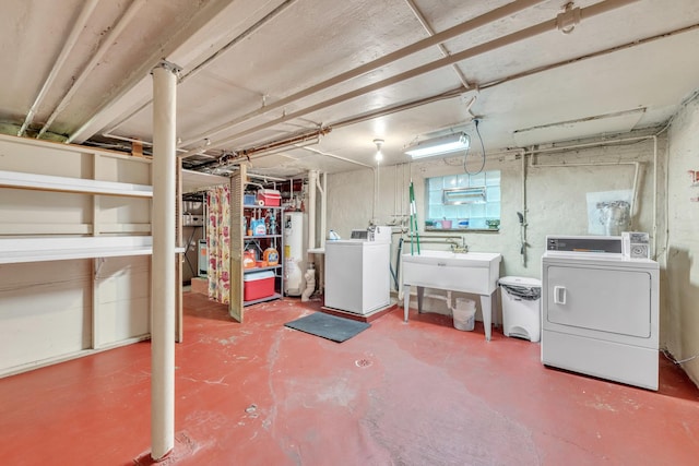 5434 W School St, Chicago, IL 60641 - unfinished below grade area featuring washer and dryer, gas water heater, and a sink