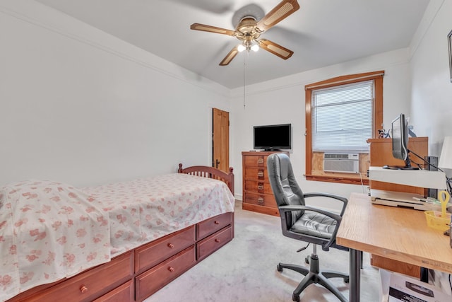 5434 W School St, Chicago, IL 60641 - bedroom with light carpet, an office area, cooling unit, and ceiling fan