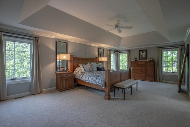 20142 N Deer Chase Ct, Deer Park, IL 60010 - bedroom with a tray ceiling, light colored carpet, multiple windows, baseboards, and ornamental molding