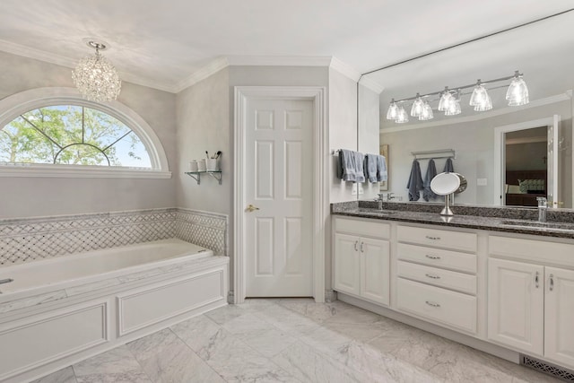 20142 N Deer Chase Ct, Deer Park, IL 60010 - bathroom featuring double vanity, ornamental molding, a garden tub, a chandelier, and marble look tile flooring