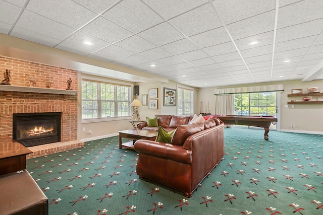 20142 N Deer Chase Ct, Deer Park, IL 60010 - living area featuring carpet, baseboards, a drop ceiling, recessed lighting, and a fireplace