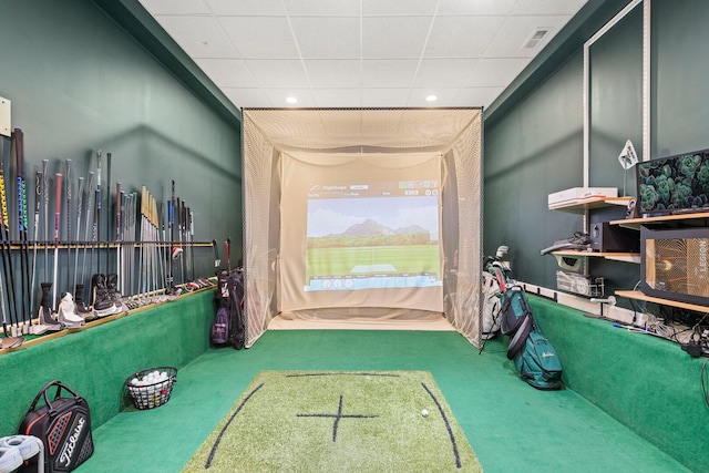 20142 N Deer Chase Ct, Deer Park, IL 60010 - miscellaneous room with carpet floors, a paneled ceiling, recessed lighting, and golf simulator