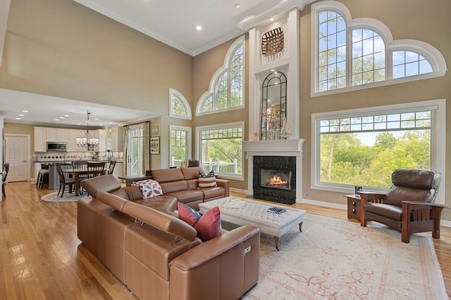 20142 N Deer Chase Ct, Deer Park, IL 60010 - living area with plenty of natural light, light wood finished floors, ornamental molding, a fireplace, and a towering ceiling