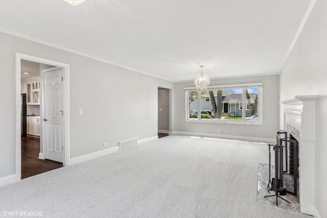 265 W Adams St, Elmhurst, IL 60126 - unfurnished living room with a chandelier, carpet, crown molding, baseboards, and a fireplace with flush hearth
