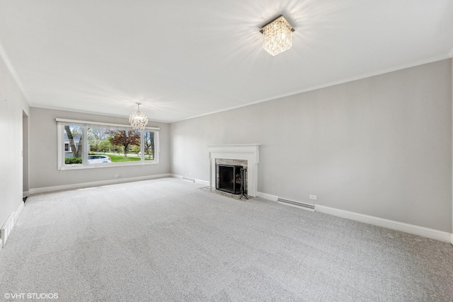 265 W Adams St, Elmhurst, IL 60126 - unfurnished living room featuring a chandelier, light carpet, crown molding, a fireplace with flush hearth, and baseboards