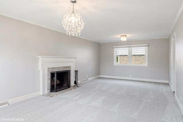 265 W Adams St, Elmhurst, IL 60126 - unfurnished living room featuring ornamental molding, carpet, a chandelier, a fireplace with flush hearth, and baseboards