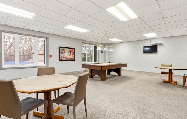 1 Renaissance Pl Unit 805, Palatine, IL 60067 - recreation room with carpet floors, a paneled ceiling, billiards, a textured wall, and baseboards