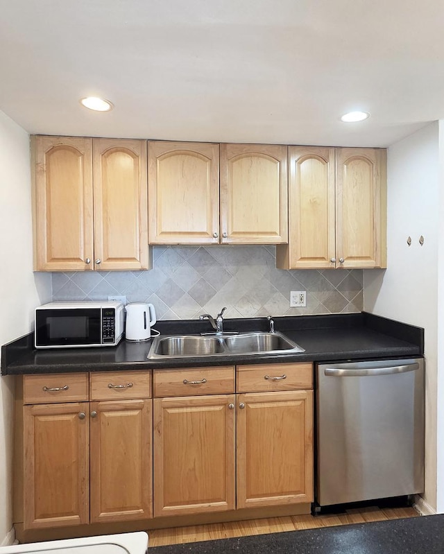 1 Renaissance Pl Unit 805, Palatine, IL 60067 - kitchen featuring dishwasher, a sink, black microwave, light brown cabinetry, and dark countertops