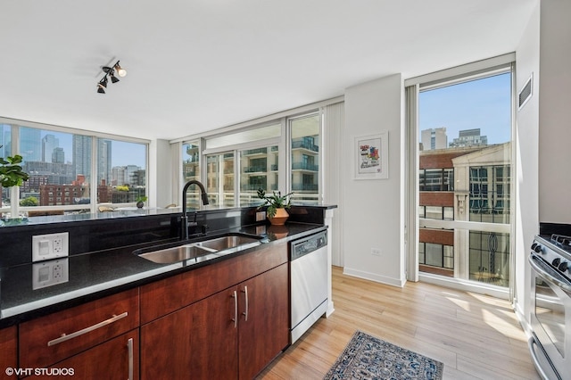 757 N Orleans St Unit 711, Chicago, IL 60654 - kitchen with appliances with stainless steel finishes, a sink, a skyline view, light wood-style flooring, and dark countertops