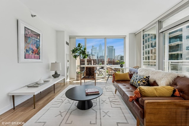757 N Orleans St Unit 711, Chicago, IL 60654 - living area with a skyline view, wood finished floors, expansive windows, and baseboards