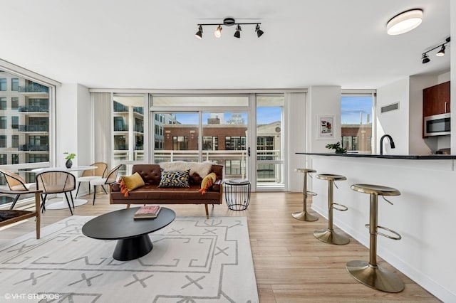 757 N Orleans St Unit 711, Chicago, IL 60654 - living area with track lighting, light wood-style floors, baseboards, and a wall of windows