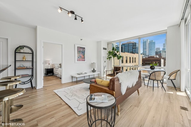 757 N Orleans St Unit 711, Chicago, IL 60654 - living area with a view of skyline, light wood-style floors, and baseboards