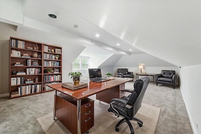 3026 Jackson Dr, Arlington Heights, IL 60004 - office area featuring light colored carpet, vaulted ceiling, recessed lighting, and baseboards