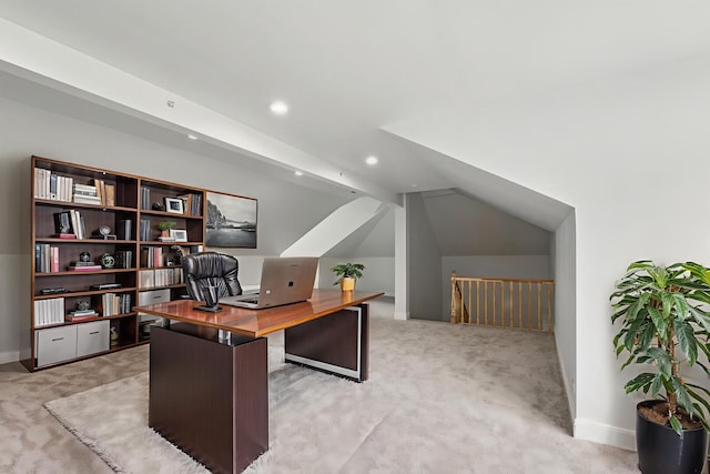 3026 Jackson Dr, Arlington Heights, IL 60004 - office area with light carpet, baseboards, lofted ceiling, and recessed lighting