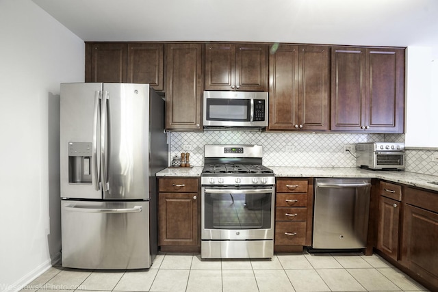 150 Lucerne Ct Unit 150, Wheeling, IL 60090 - kitchen featuring stainless steel appliances, backsplash, light stone countertops, light tile patterned floors, and dark brown cabinets