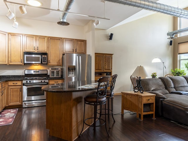1716 Simms St Unit 0, Aurora, IL 60504 - kitchen featuring stainless steel appliances, rail lighting, high vaulted ceiling, a center island, and dark wood-type flooring