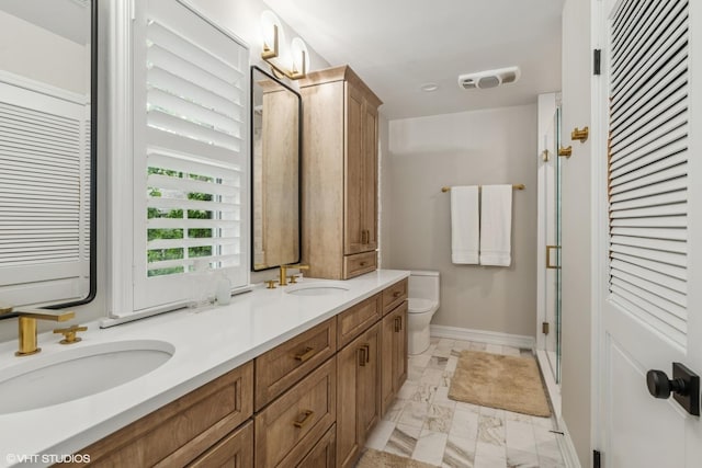 506 Westgate Rd, Deerfield, IL 60015 - full bath with marble look tiles, double vanity, toilet, baseboards, and a stall shower