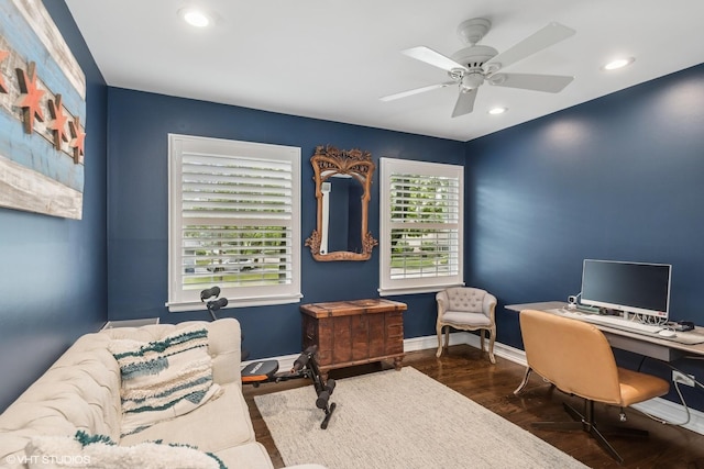 506 Westgate Rd, Deerfield, IL 60015 - office area with wood finished floors, a ceiling fan, recessed lighting, and baseboards