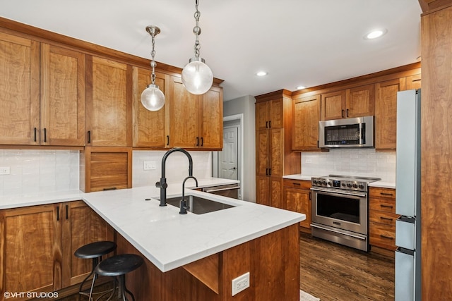 506 Westgate Rd, Deerfield, IL 60015 - kitchen featuring appliances with stainless steel finishes, backsplash, a sink, brown cabinets, and recessed lighting