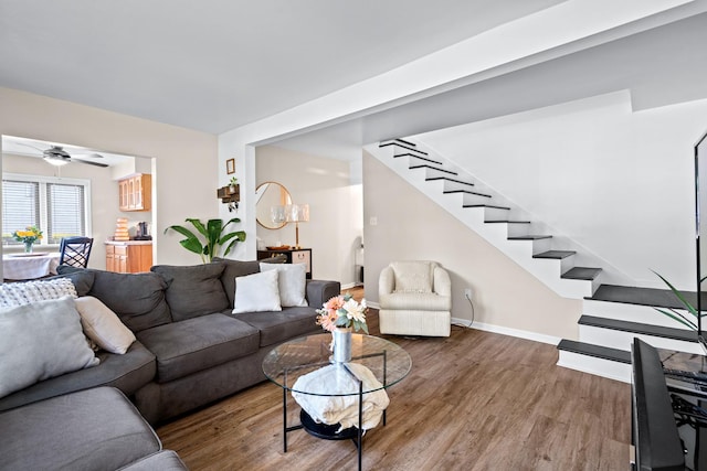 3050 Charles St, Melrose Park, IL 60164 - living room featuring stairway, wood finished floors, and a ceiling fan