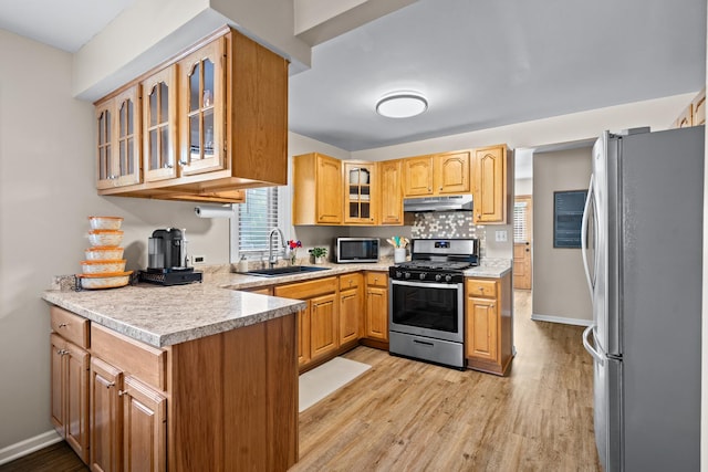 3050 Charles St, Melrose Park, IL 60164 - kitchen with stainless steel appliances, under cabinet range hood, light wood-style floors, and a peninsula