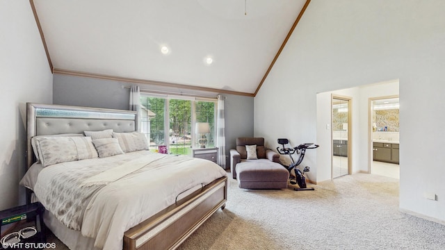 20195 Augusta Dr, Olympia Fields, IL 60461 - carpeted bedroom with ornamental molding, high vaulted ceiling, and connected bathroom