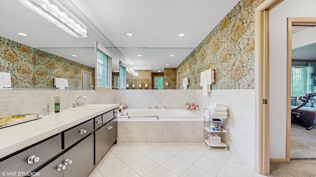 20195 Augusta Dr, Olympia Fields, IL 60461 - full bath featuring a bath, plenty of natural light, vanity, wallpapered walls, and tile patterned floors