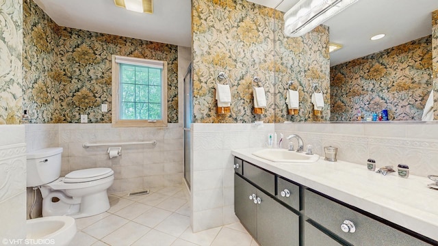 20195 Augusta Dr, Olympia Fields, IL 60461 - bathroom featuring tile walls, toilet, vanity, wainscoting, and tile patterned flooring