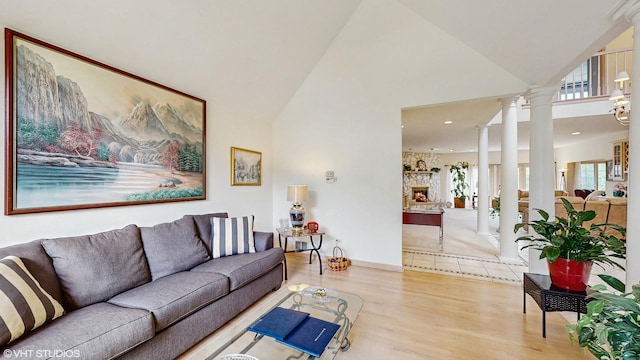 20195 Augusta Dr, Olympia Fields, IL 60461 - living area featuring decorative columns, high vaulted ceiling, wood finished floors, recessed lighting, and baseboards