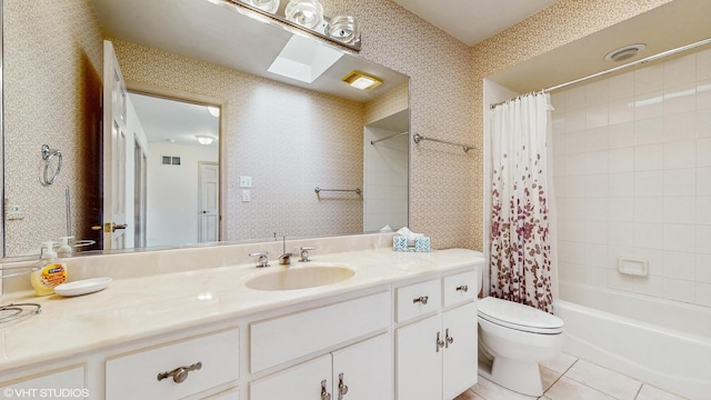 20195 Augusta Dr, Olympia Fields, IL 60461 - full bath with vanity, toilet, tile patterned flooring, shower / bath combo, and wallpapered walls