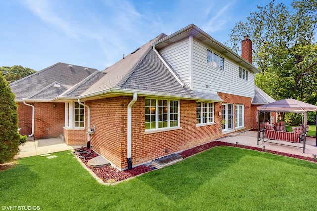20195 Augusta Dr, Olympia Fields, IL 60461 - rear view of property with a chimney, a patio area, a gazebo, brick siding, and a lawn