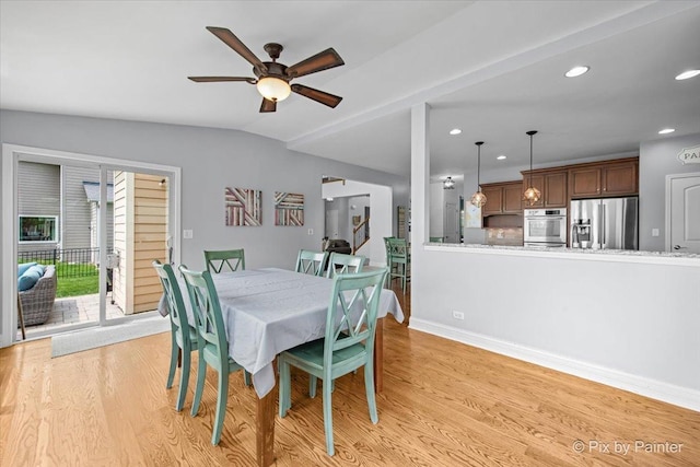 679 Slate Run, Elgin, IL 60124 - dining space featuring light wood-style floors, vaulted ceiling, a ceiling fan, recessed lighting, and baseboards