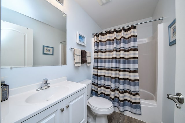 426 Victoria Ln Unit 426, Elgin, IL 60124 - bathroom with toilet, vanity, wood finished floors, and shower / bath combination with curtain