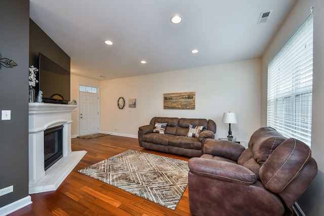 426 Victoria Ln Unit 426, Elgin, IL 60124 - living area with wood finished floors, baseboards, recessed lighting, and a glass covered fireplace