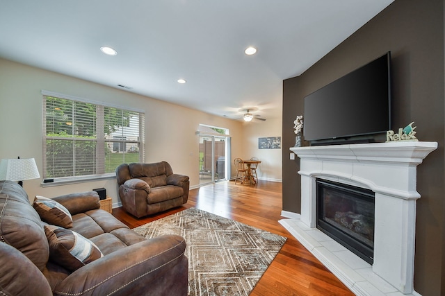 426 Victoria Ln Unit 426, Elgin, IL 60124 - living area with a ceiling fan, wood finished floors, recessed lighting, and a glass covered fireplace