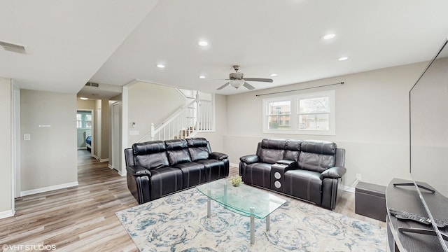 2080 Maplewood Cir, Naperville, IL 60563 - living room with stairway, light wood finished floors, a ceiling fan, recessed lighting, and healthy amount of natural light