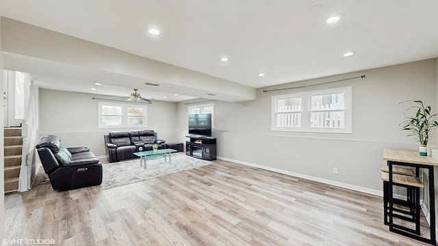 2080 Maplewood Cir, Naperville, IL 60563 - living room featuring wood finished floors, baseboards, stairs, recessed lighting, and a ceiling fan
