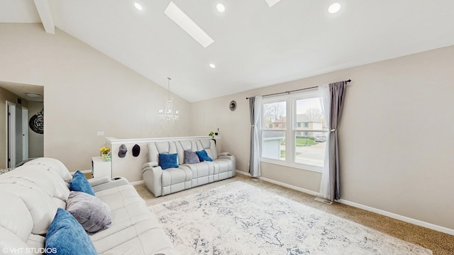 2080 Maplewood Cir, Naperville, IL 60563 - living area with a skylight, carpet flooring, a chandelier, baseboards, and recessed lighting