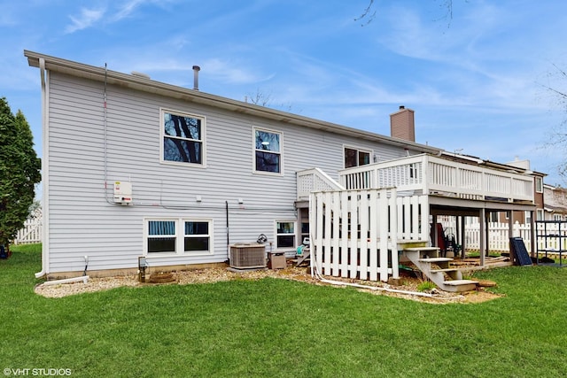 2080 Maplewood Cir, Naperville, IL 60563 - rear view of property featuring a wooden deck, central AC unit, a yard, and a chimney