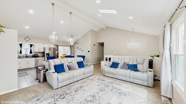2080 Maplewood Cir, Naperville, IL 60563 - living room with a chandelier, beam ceiling, light carpet, recessed lighting, and baseboards