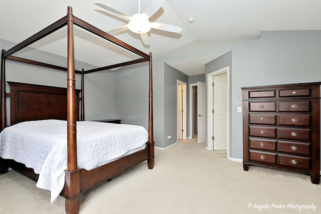 2704 Kendall Xing Unit 2704, Johnsburg, IL 60051 - bedroom featuring light colored carpet, vaulted ceiling, baseboards, and ceiling fan