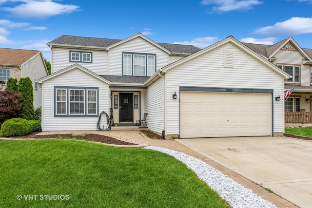 1987 Rosehill Ct, Romeoville, IL 60446 - traditional home with a front yard, concrete driveway, a garage, and a shingled roof