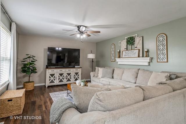 1987 Rosehill Ct, Romeoville, IL 60446 - living area with a ceiling fan, dark wood-type flooring, and baseboards